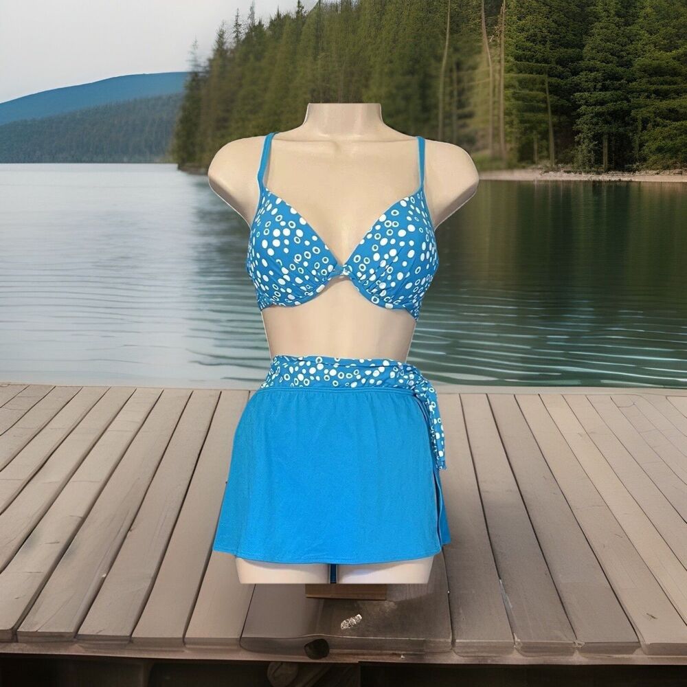 Athena 2 Piece Swimsuit 12/14 Turquoise & White Bubbles Circles Dots Blue Skort